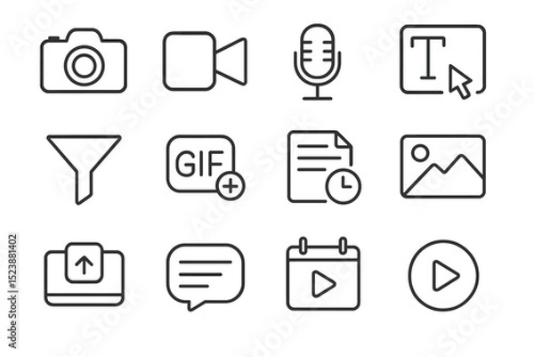 Fototapeta Set of media icons including camera, video, microphone, text, and image