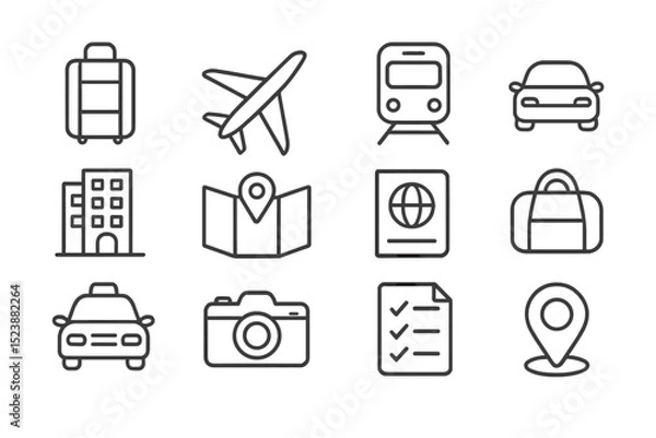 Fototapeta Travel icon set: transportation, accommodation, navigation, and documentation