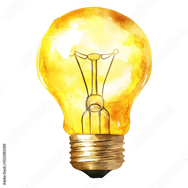Obraz Watercolor illustration of glowing light bulb with warm yellow