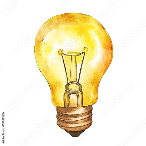 Obraz Glowing yellow light bulb illustration with watercolor style