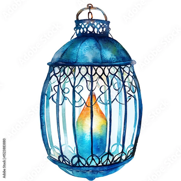 Obraz Watercolor lantern with candle inside, glowing softly