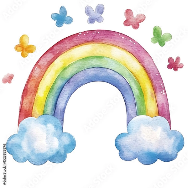 Obraz Colorful watercolor rainbow with clouds and butterflies