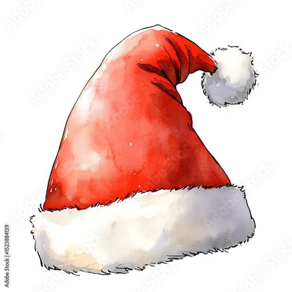 Obraz Watercolor illustration of Santa hat with red fabric and white