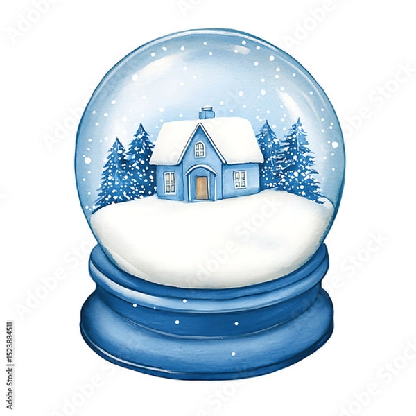 Obraz Winter snow globe with cozy house and pine trees, festive holiday