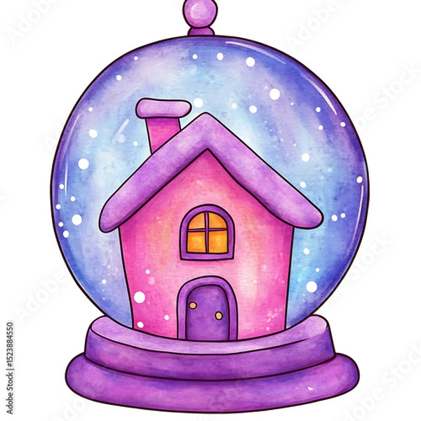 Obraz Colorful snow globe with cozy house inside, glowing warmly