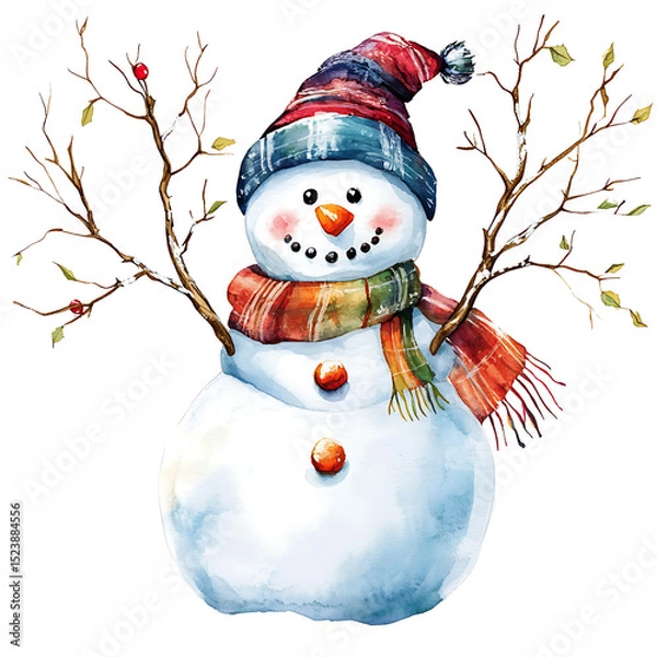 Obraz Cheerful snowman with colorful scarf and hat, holding bare tree