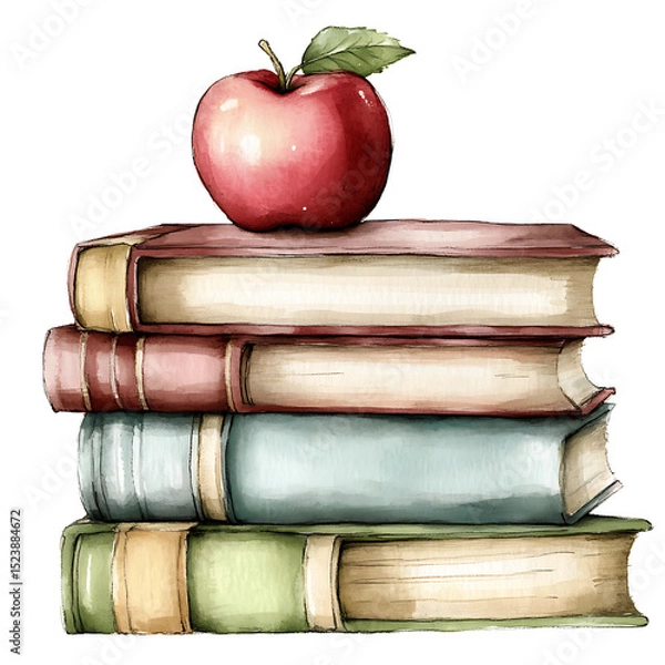 Obraz Stack of colorful books with red apple top, watercolor style