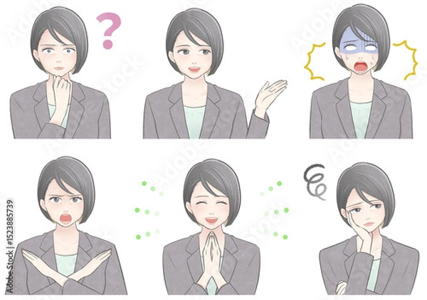 Fototapeta ライトグレースーツ姿のミドル世代ビジネスウーマンのバストアップセットイラスト