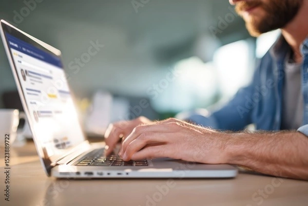 Obraz Professional remote work environment with man using laptop for business communication and digital marketing in a modern, bright office setting with natural light