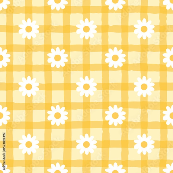 Obraz Seamless plaid pattern with daisy flowers,  floral and checkered design for textiles, fashion, scrapbooking, and home décor.