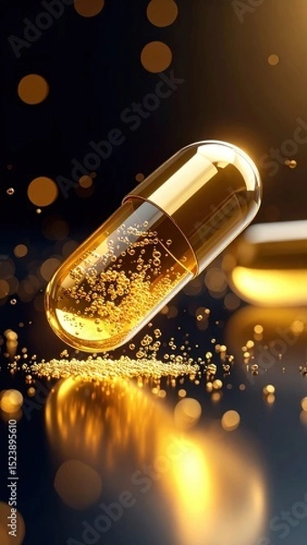 Fototapeta Close up of capsule pill with liquid medicine and sparkling bubbles in warm light