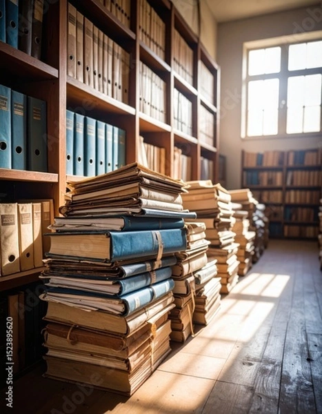 Fototapeta Bright Library Room with Tall Wooden Shelves Filled with Books and Files