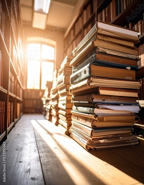 Fototapeta Endless library aisle with towe stacks of books illuminated by warm sunlight
