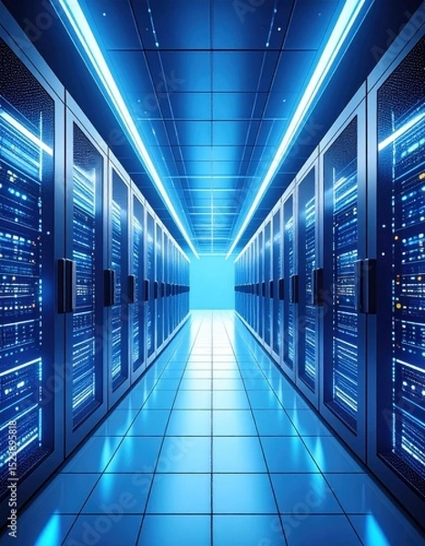 Fototapeta Futuristic data center with glowing blue server racks and high tech lighting