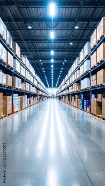 Fototapeta Extensive Warehouse Interior with Shelves Stocked with Boxes and Clear Aisle