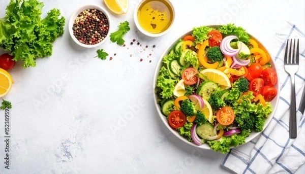 Fototapeta Fresh colorful vegetable salad with cherry tomatoes cucumber and leafy greens on white background