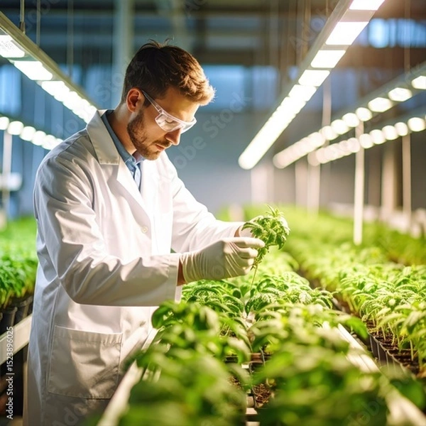 Fototapeta Scientist examining plants in a modern indoor greenhouse laboratory with safety goggles