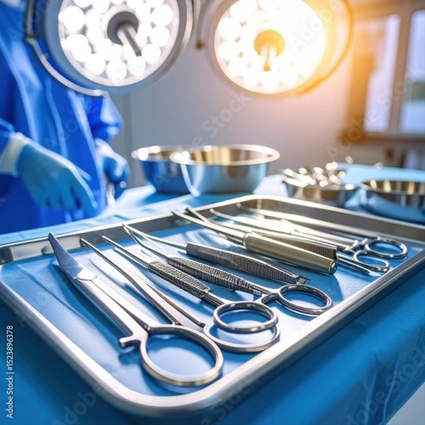 Fototapeta Surgical Instruments Set on Hospital Tray in Surgery Room with Lights