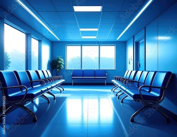 Fototapeta Modern Blue Waiting Room with Rows of Chairs and Large Window in Office Space