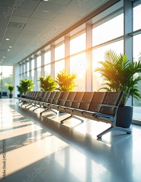 Fototapeta Bright modern airport terminal interior with large and comfortable seating