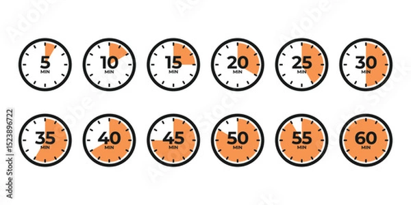 Obraz Timer, clock, stopwatch set icons isolated on white background. Vector illustration.