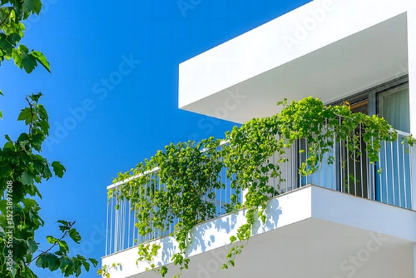 Fototapeta Balcony of white modern apartment with green vines hanging from railings, clear blue sky background