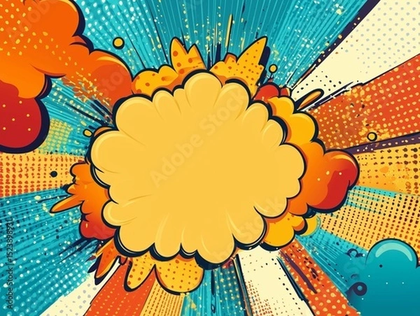 Fototapeta Energetic Comic Style Blank Explosion Cloud with Halftone Pop Art Rays and Fragmented Elements for Impactful Message or Design