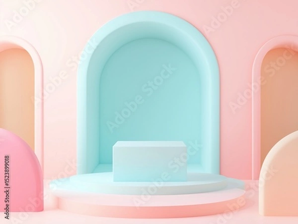Fototapeta Minimalist 3D Product Podium Display with Arches and Abstract Geometric Shapes for Presentation or Studio Showcase