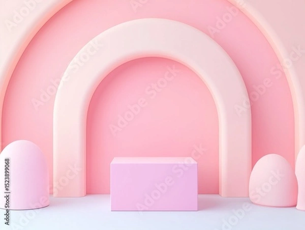 Fototapeta Minimalist 3D Studio Product Podium Display with Arched Backdrop and Smooth Geometric Forms for Fashion Showcase