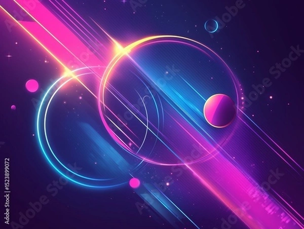 Fototapeta Vibrant Cyberpunk Glowing Rings and Parallel Light Trails with Spheres for Futuristic Digital Technology Background