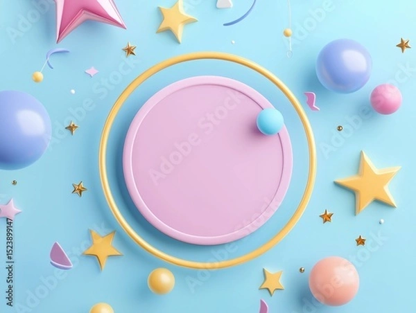 Fototapeta Whimsical 3D Rendered Geometric Shapes Stars and Spheres Floating Around a Central Pedestal with Golden Ring Frame