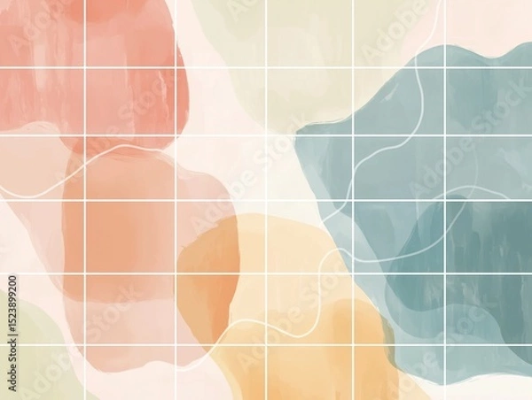 Fototapeta Abstract Watercolor Washes with Organic Shapes and Modern Geometric Grid Overlay Background