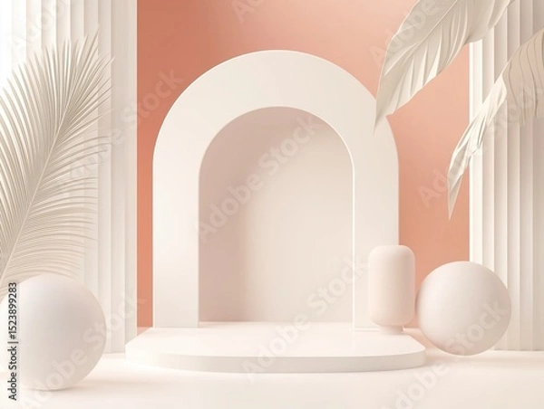 Fototapeta Modern 3D Rendered Product Display Podium with Arch Geometric Shapes and Minimalist Tropical Leaves