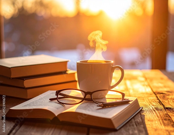 Obraz Steaming books and coffee and glasses on the table with soft sunlight in the background