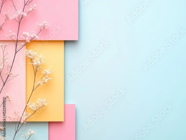 Fototapeta Delicate Floral Branches on Modern Geometric Paper Layers Abstract Background with Copy Space