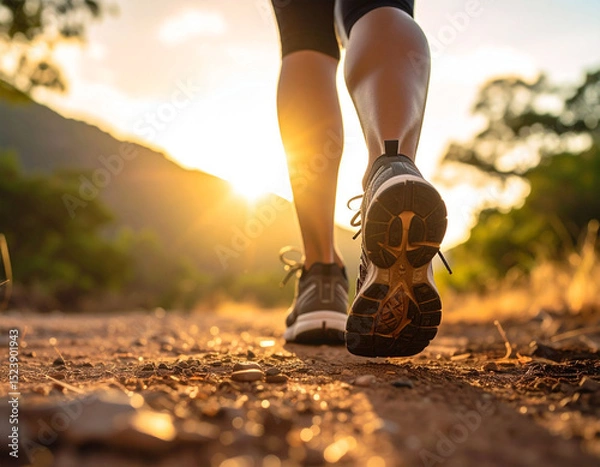 Obraz A person's feet wearing shoes are jogging with a background of late afternoon sunlight.