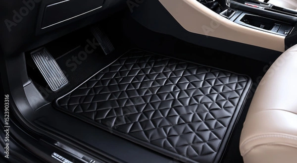 Obraz Black diamond patterned car floor mat is placed in front passenger area, providing sleek and protective surface