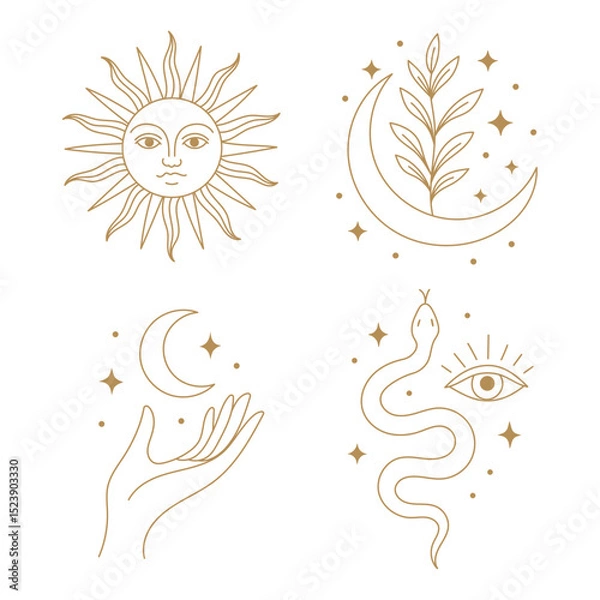 Obraz A collection of witches and wizards in the boho style with images of a butterfly, a hand, a horned god, a face, a crystal ball, the moon, a candle.