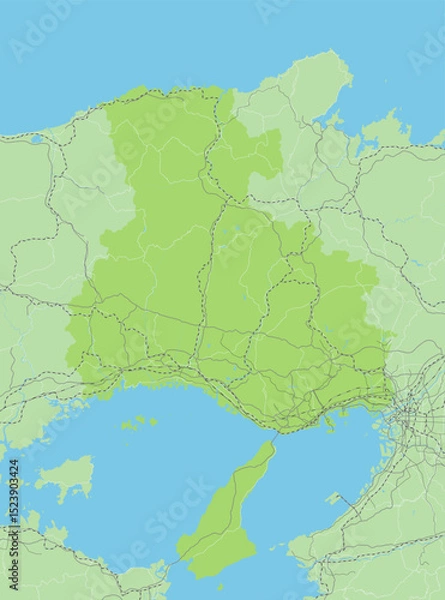 Fototapeta 日本の兵庫県と隣接する都道府県を含む、シンプルな緑色のロードマップ