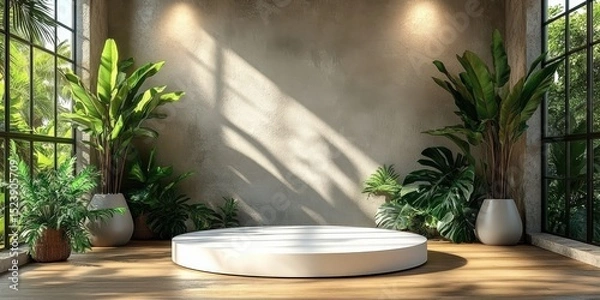 Fototapeta Elegant Interior Scene with Platform, Lush Green Plants, and Natural Light, perfect for product presentation