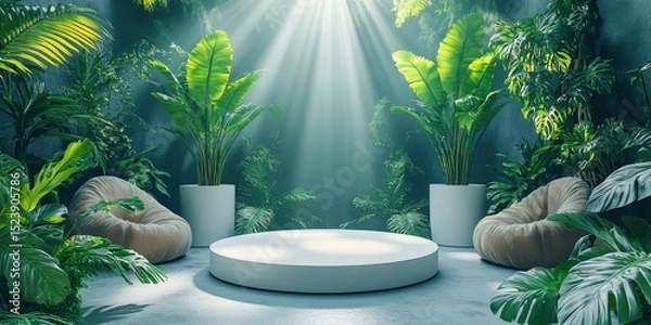 Fototapeta Enchanting Product Display Podium in Lush Greenery, Perfect for Wellness and Beauty Promotions