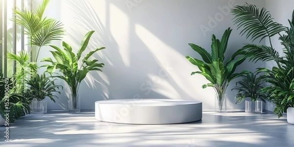 Fototapeta Minimalist product display with tropical plant backdrop for product promotion and advertising to enhance visual appeal and engage potential customers