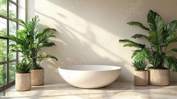 Fototapeta Minimalist interior mockup with empty white bowl and exotic plants, perfect for product placement or presenting artwork and design projects with natural light
