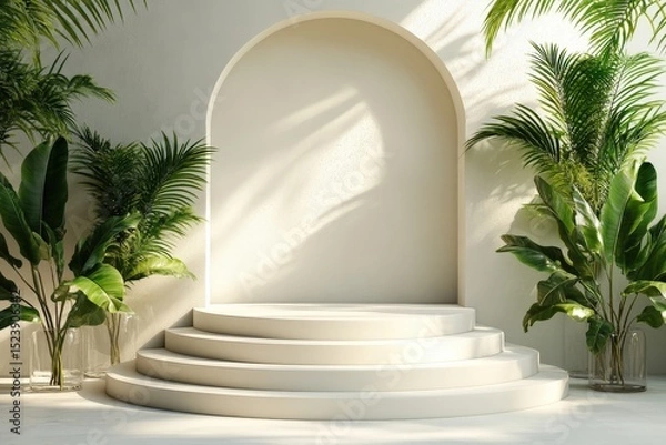 Fototapeta Elegant product display backdrop with arch and tropical plants, perfect for showcasing beauty and wellness items in a minimalist setting