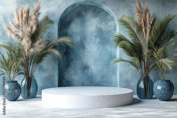 Fototapeta Podium with Tropical Plants for Cosmetic or Product Display Mock