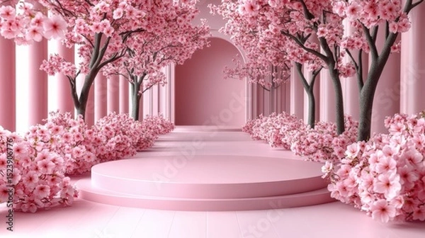 Fototapeta Dreamy pink floral display stage, perfect background for showcasing cosmetics and jewelry, and ideal for elegant product advertising