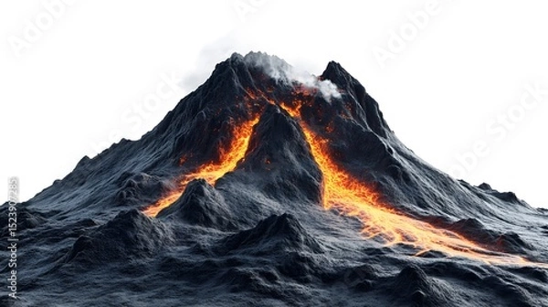 Fototapeta Erupting Volcano with Lava Flowing Down its Slopes, Dramatic 3D Render