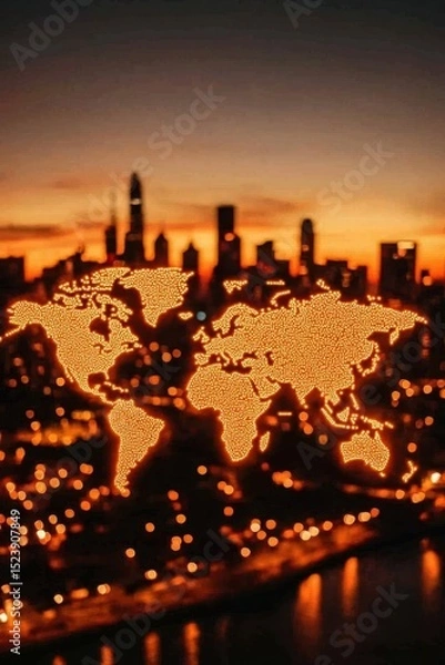 Fototapeta A glowing world map overlay on a blurred city skyline at sunset, symbolizing global connections and urbanization.