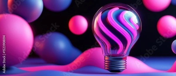 Fototapeta A glowing, abstract lightbulb with swirling neon colors, surrounded by vibrant spheres and waves, creates a futuristic, creative atmosphere.