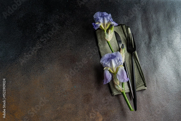 Obraz Table setting with pale blue iris flowers